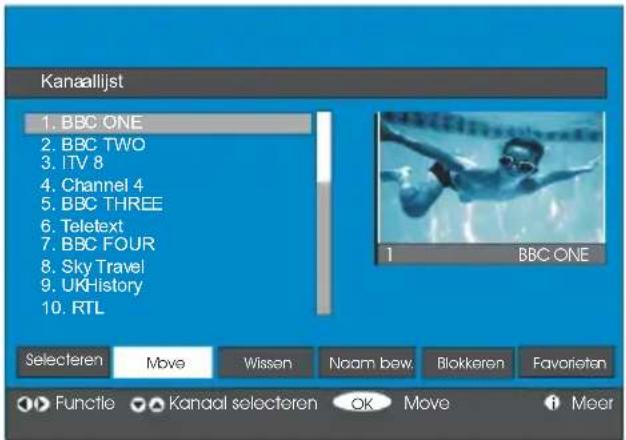 Kanaalijst 1. BBC ONE 2. BBC TWO 3. ITV 8 4. Channel 4 5. BBC THREE 6. Teletext 7. BBC FOUR 8. Sky Travel 9. UKHistory 10. RTL Selecteren Move Wissen Noam bew.Blokkeren Favorieten ● Functie ● Kanaal selecteren OK Move ● Meer
