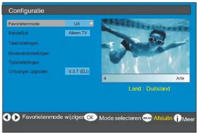 Configuratie Favorietenmode Uit Kanaalijst Alleen TV Taalinstellingen Kinderslotinstellingen Tijdsinstellingen Ontvanger upgraden V.0.7 (EU) 4 Arte Land : Duitsland Favorietenmode wijzigen OK Mode selecteren MENU Afsluitn i Meer