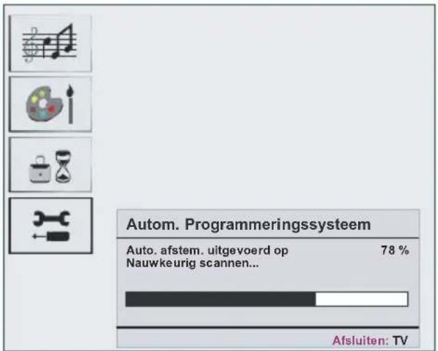 Autom. Programmeringsysteem Auto. afstem. uitgevoerd op 78 % Nauwkeurig scannen... Afsluiten: TV