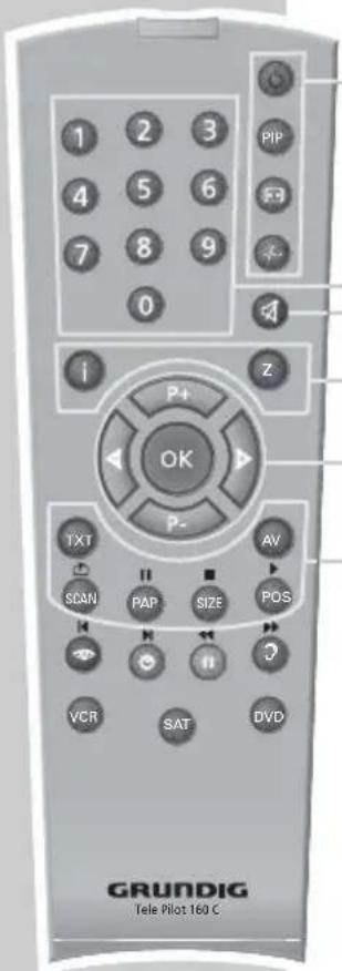 1 2 3 4 5 6 7 8 9 0 1 P+ OK P- TXT AV SCAN PAP SIZE POS VCR SAT DVD GRUNDIG Tele Pilot 160 C
