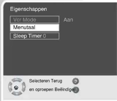 Eigenschappen Vcr Mode Menutaal Sleep Timer 0 Aan Selecteren Terug en oproepen Beëindigen