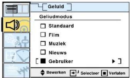 [Geluld] Geliudmodus □ Standaard □ Film □ Muziek □ Nieuws [■ Gebruiker ▶] ◆ Bewerken Selecteer Verlaten