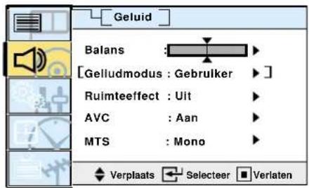 Geluid Balans : [Gelludmodus : Gebruiker] Ruimteeffect : Uit AVC : Aan MTS : Mono Verplaats Selecteer Verlaten