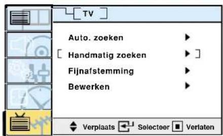 TV Auto. zoeken ▶ [ Handmatig zoeken ▶ ] Fijnafstemming ▶ Bewerken ▶ ◆ Verplaats ← Selecteer ■ Verlaten