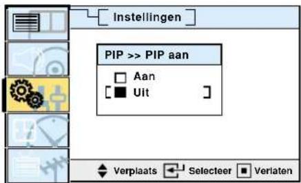 Instellingen PIP >> PIP aan □ Aan [■ Uit ] Verplaats Selecteer Veriaten