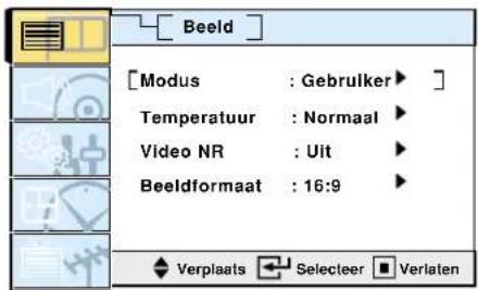 [Modus : Gebruiker ▶] Temperatuur : Normaal ▶ Video NR : Uit ▶ Beeldformaat : 16:9 ▶ ◆ Verplaats ← Selecteer ■ Verlaten