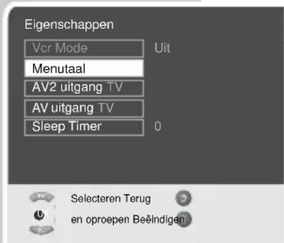 Eigenschappen Vcr Mode Uit Menutaal AV2 uitgang TV AV uitgang TV Sleep Timer 0 Selecteren Terug en oproepen Beëindigen