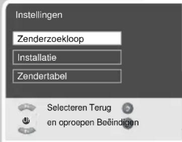 Instellingen Zenderzoekloop Installatie Zendertabel Selecteren Terug en oproepen Beeindigen