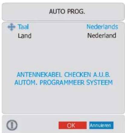 AUTO PROG. + Taal Land Nederlands Nederland ANTENNEKABEL CHECKEN A.U.B. AUTOM. PROGRAMMEER SYSTEEM OK Annularen