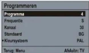 Programmeren Programma 4 Frequentie S Kanaal 30 Standaard BG ★ Kleursysteem PAL Terug: Menu Afsluitn: TV
