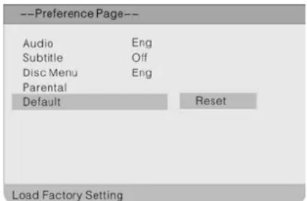 --Preference Page-- Audio Eng Subtitle Off Disc Menu Eng Parental Default Reset Load Factory Setting
