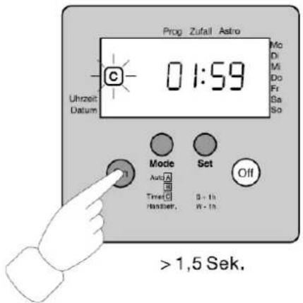 Prog Zufall Astro Mo Di Mi Do Fr Ga So C 01:59 Uhrzeit Datum Mode Set AutoA Set TimeSet B - In Handler, W - In Off >1,5 Sek.