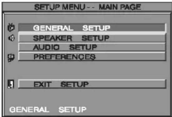 SETUP MENU -- MAIN PAGE GENERAL SETUP SPEAKER SETUP AUDIO SETUP PREFERENCES EXIT SETUP GENERAL SETUP