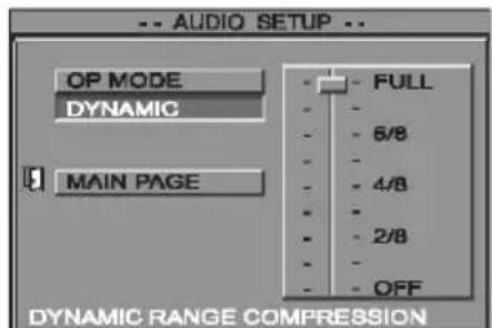 -- AUDIO SETUP -- OP MODE DYNAMIC MAIN PAGE FULL 6/8 4/8 2/8 OFF DYNAMIC RANGE COMPRESSION