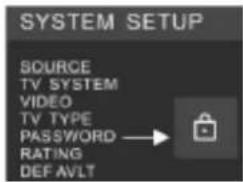 SYSTEM SETUP SOURCE TV SYSTEM VIDEO TV TYPE PASSWORD RATING DEFAULT