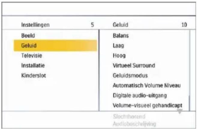 Instellingen 5 Geluid 10 Beeld Balans Geluid Laag Televisie Hoog Installatie Virtueel Surround Kinderslot Geluidsmodus Automatisch Volume Niveau Digitale audio-uitgang Volume-visueel gehandicappt Slochthorend Audiobeschrijving