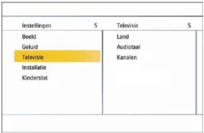 Instellingen 5 Televisie 5 Beeld Land Geluid Audiotaal Televisie Kanalen Installatie Kinderslot