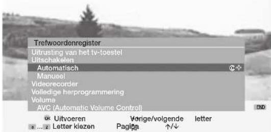 Trefwoordenregister Uitrusting van het tv-toestel Uitschakelen Automatisch Manuel Videorecorder Volledige herprogrammering Volume AVC (Automatic Volume Control) Uitvoeren Vorige/volgende letter Letter klezen Pages ↑/↓