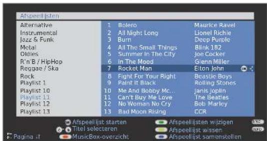 Afspeelijsten Alternative Instrumental Jazz & Funk Metal Oldies R'n B / HipHop Reggae / Ska Rock Playlist 1 Playlist 10 Playlist 11 Playlist 12 Playlist 13 1 Bolero 2 All Night Long 3 Burn 4 All The Small Things 5 Summer In The City 6 In The Mood 7 Rocket Man 8 Fight For Your Right 9 Paint It Black 10 Me And Bobby Mc... 11 Can't Buy Me Love 12 No Woman No Cry 13 Bad Moon Rising Maurice Ravel Lionel Richie Deep Purple Blink 182 Joe Cocker Gienn Miller Elton John Beastic Boys Rolling Stones Janis Joplin The Beatles Bob Marley CCR Afspeelijsten starten Titel selecteren MusicBox-overzicht Afspeelijsten wizigen Afspeelijst wissen Afspeelijst samenstellen