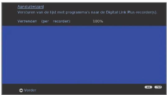 Aansluitwizard Versturen van de lijst met programma's naar de Digital Link Plus-recorder(s). Verzenden (per recorder): 100% Verder