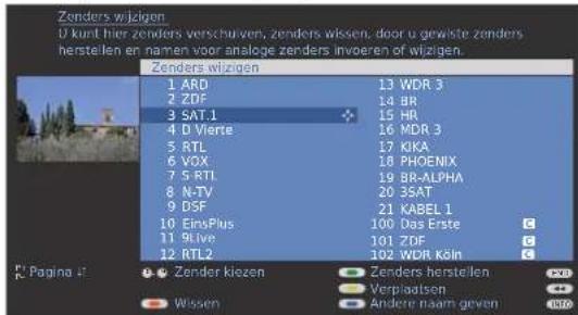 Zenders wizigen D kunt hier zenders verschulven, zenders wissen. door u gewiste zenders herstellen en namen voor analoge zenders invoeren of wizigen. Zenders wizigen 1 ARO 13 WDR 3 2 ZDF 14 BR 3 SAT.1 15 HR 4 D Vierte 16 MDR 3 5 RTL 17 KIKA 6 VOX 18 PHOENIX 7 5 RTI 19 BR-ALPHA 8 NTV 20 3SAT 9 DSF 21 KABEL 1 10 EinsPlus 100 Das Erste C 11 9Live 101 ZDF C 12 RTL2 102 WDR Köln C L Pagina # Zender kiozen Zenders herstellen Verplaidsen Wissen Andere naam geven RDD
