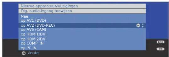 Nieuwe apparatuur/wijzigingen Dig. audio-ingang toewijzen Nee op AV1 (DVD) op AV2 (DVD-REC) op AVS (CAM) op HDMI1/DVI op HDMI2/DVI op COMP.IN op PC IN Verder