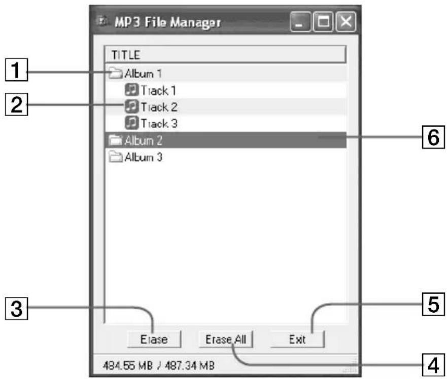 MP3 File Manager TITLE Album 1 Track 1 Track 2 Track 3 Album 2 Album 3 Erase Erase All Exit 484.65 MB / 487.34 MB 1 2 3 5 4
