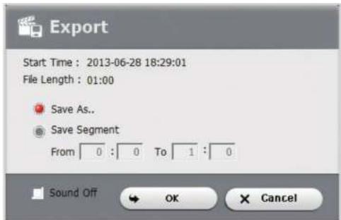 Export Start Time : 2013-06-28 18:29:01 File Length : 01:00 Save As.. Save Segment From 0 : 0 To 1 : 0 Sound Off OK Cancel