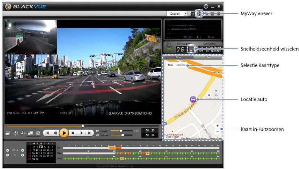BLACKVUE English MyWay Viewer Snelheidseenheid wisselen Selectie Kaarttype Locatie auto Kaart in-/uitzoomen