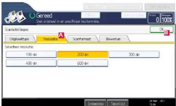 Gereed Steel originset in en specificeer besterming. Scaninstellingen Originelsetype Resolute Scanformast Bewerten Selecteer resolutie. 100 dpi 200 dpi 300 dpi 400 dpi 600 dpi Systentretion TakentList OK B 20 MHz 2011 15.0k
