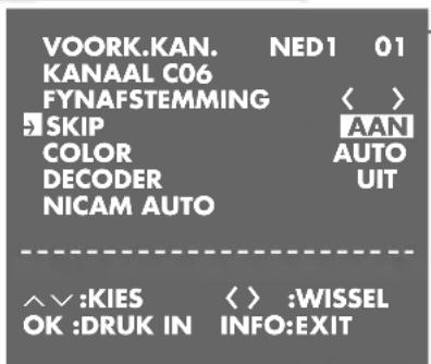 VOORK.KAN. NED1 01 KANAAL C06 FYNAFSTEMMING SKIP AAN COLOR AUTO DECODER UIT NICAM AUTO ^^:KIES < > :WISSEL OK :DRUK IN INFO:EXIT