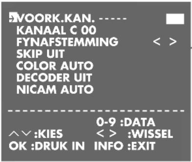 KVOORK.KAN. ---- KANAAL C 00 FYNAFSTEMMING SKIP UIT COLOR AUTO DECODER UIT NICAM AUTO 0-9 :DATA ^^ :KIES < > :WISSEL OK :DRUK IN INFO :EXIT
