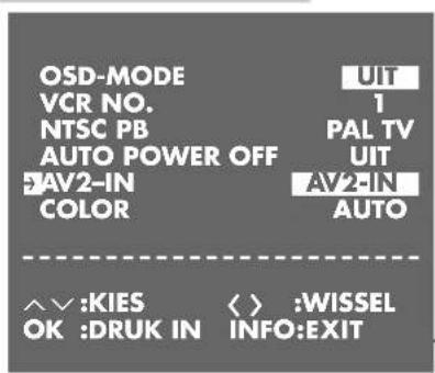 OSD-MODE VCR NO. NTSC PB AUTO POWER OFF AV2-IN COLOR UIT 1 PAL TV UIT AV2-IN AUTO ^^:KIES OK :DRUK IN <> :WISSEL INFO:EXIT