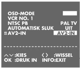 OSD-MODE VCR NO. 1 NTSC PB AUTOMATISK SLUK AV2-IN PAL TV UIT AV2-IN ^∨:KIES OK:DRUK IN < > :WISSEL INFO:EXIT