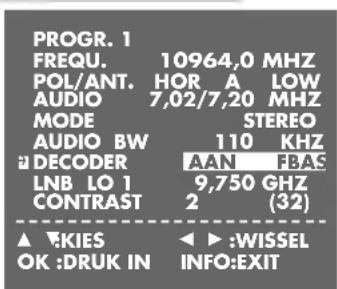 PROGR. 1 FREQU. 10964,0 MHZ POL/ANT. HOR A LOW AUDIO 7,02/7,20 MHZ MODE STEREO AUDIO BW 110 KHZ #DECODER AAN FBAS LNB LO 1 9,750 GHZ CONTRAST 2 (32) ▲ OK :DRUK IN ◀ :WISSEL INFO:EXIT