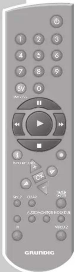 1 2 3 4 5 6 7 8 9 SV 0 TIMER/VS INFO RECORD OK SP/IP CLEAR TIMER ON/OFF AUDIOMONITOR INDEX DUB TV VIDEO 2 GRUNDIG