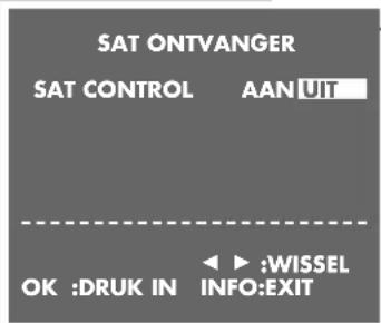 SAT ONTVANGER SAT CONTROL AAN UIT OK :DRUK IN ◀ ▶ :WISSEL INFO:EXIT