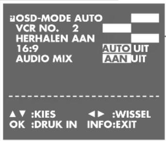 2OSD-MODE AUTO VCR NO. 2 HERHALEN AAN 16:9 AUDIO MIX AUTO UIT AAN UIT ▲▼ :KIES OK :DRUK IN ◄► :WISSEL INFO:EXIT