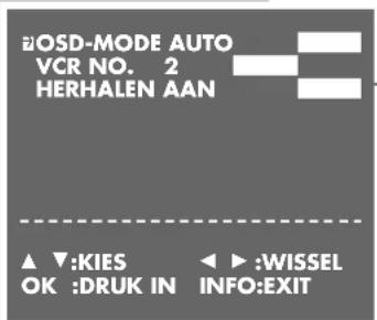 V2OSD-MODE AUTO VCR NO. 2 HERHALEN AAN ▲ ▼:KIES ◀:WISSEL OK :DRUK IN INFO:EXIT