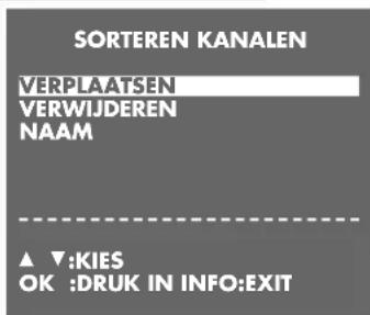 SORTEREN KANALEN VERPLAATSEN VERWIJDEREN NAAM ▲ ▼:KIES OK :DRUK IN INFO:EXIT