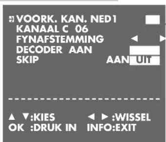 VOORK, KAN, NED1 KANAAL C 06 FYNAFSTEMMING DECODER AAN SKIP AAN: UIt ▲ ▼:KIES OK :DRUK IN ► :WISSEL INFO:EXIT