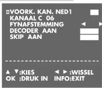 VOORK, KAN, NED1 KANAAL C 06 FYNAFSTEMMING DECODER AAN SKIP AAN ▲ ▼:KIES OK :DRUK IN ◄►:WISSEL INFO:EXIT