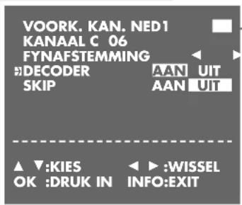 VOORK, KAN, NED1 KANAAL C 06 FYNAFSTEMMING #DECODER SKIP AAN UIT AAN UIT ▲ ▼:KIES OK :DRUK IN ◀ ▶:WISSEL INFO:EXIT