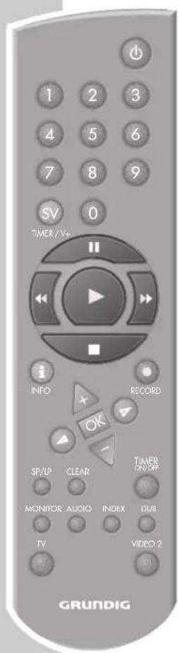 1 2 3 4 5 6 7 8 9 SV 0 TIMER/V+ INFO + RECORD OK - SP/LP CLEAR TIMER MONITOR AUDIO INDEX BUS TV VIDEO 2 GRUNDIG