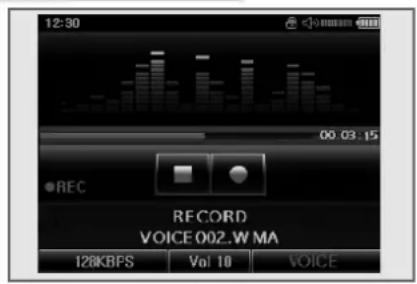 12:30 00:03:15 ●REC RECORD VOICE 002.W MA 128KBPS Vol 10 VOICE