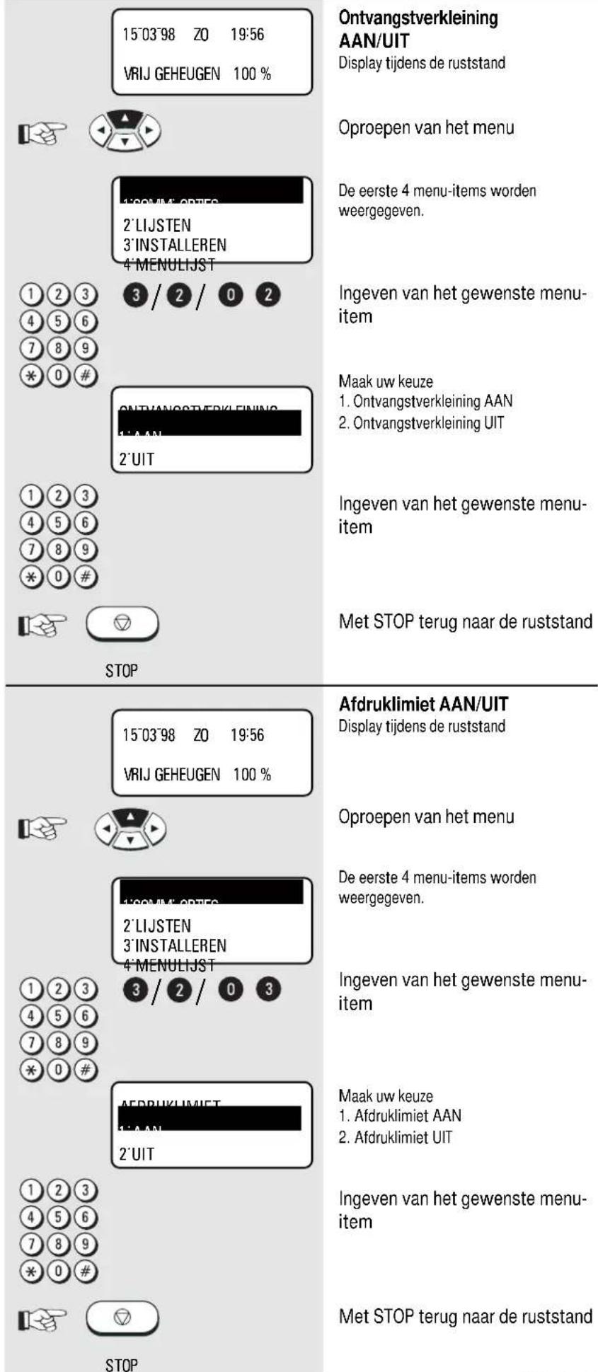 15°03'98 ZO 19:56 VRIJ GEHEUGEN 100 % Ontvangstverkleining AAN/UIT Display tijdens de ruststand Oproepen van het menu De eerste 4 menu-items worden weergegeven. Ingeven van het gewenste menu- item Maak uw keuze 1. Ontvangstverkleining AAN 2. Ontvangstverkleining UIT Ingeven van het gewenste menu- it…