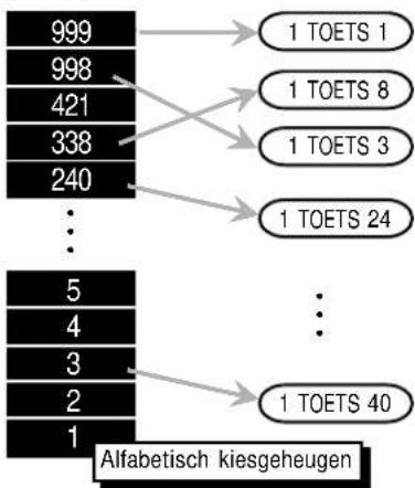 graph TD A["999"] --> B["1 TOETS 1"] C["998"] --> D["1 TOETS 8"] E["421"] --> F["1 TOETS 3"] G["338"] --> H["1 TOETS 24"] I["240"] --> J["..."] K["5"] --> L["..."] M["4"] --> N["..."] O["3"] --> P["..."] Q["2"] --> R["..."] S["1"] --> T["1 TOETS 40"] U["Alfabetisch kiesgeheugen"]