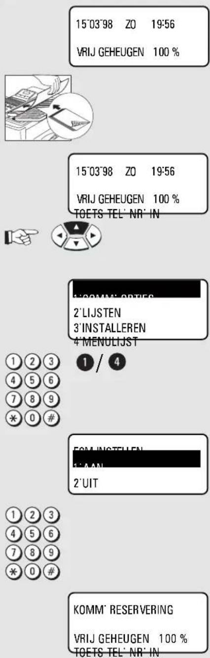 15°03'98 ZO 19:56 VRIJ GEHEUGEN 100 % 15°03'98 ZO 19:56 VRIJ GEHEUGEN 100 % TOETS TEL' NR' IN 1"COMM" OPTIES 2'LIJSTEN 3'INSTALLEREN 4'MENULIJST 1 / 4 FOM INSTellen 1"AN 2'UIT KOMM" RESERVERING VRIJ GEHEUGEN 100 % TOETS TEL' NR' IN