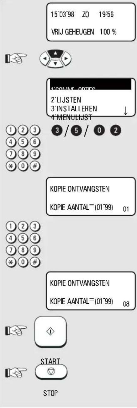 15°03'98 ZO 19:56 VRIJ GEHEUGEN 100 % 1'20MM' OPTES 2' LIJSTEN 3' INSTALLEREN ↓ 4' MENULIJST 3 / 5 / 0 2 KOPIE ONTVANGSTEN KOPIE AANTAL=(01°99) 01 KOPIE ONTVANGSTEN KOPIE AANTAL=(01°99) 08 START STOP