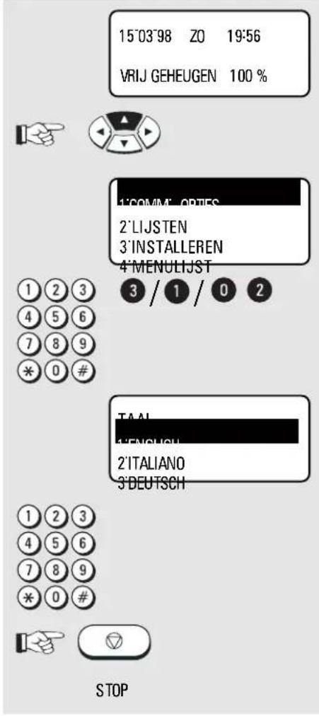 15°03'98 ZO 19:56 VRIJ GEHEUGEN 100 % 1"20MM" OPTES 2"LIJSTEN 3"INSTALLEREN 4"MENULIJST 3 / 1 / 0 2 TAAL 1"ENGLISH 2"ITALIANO 3"DEUTSCH 1 2 3 4 5 6 7 8 9 * 0 # STOP